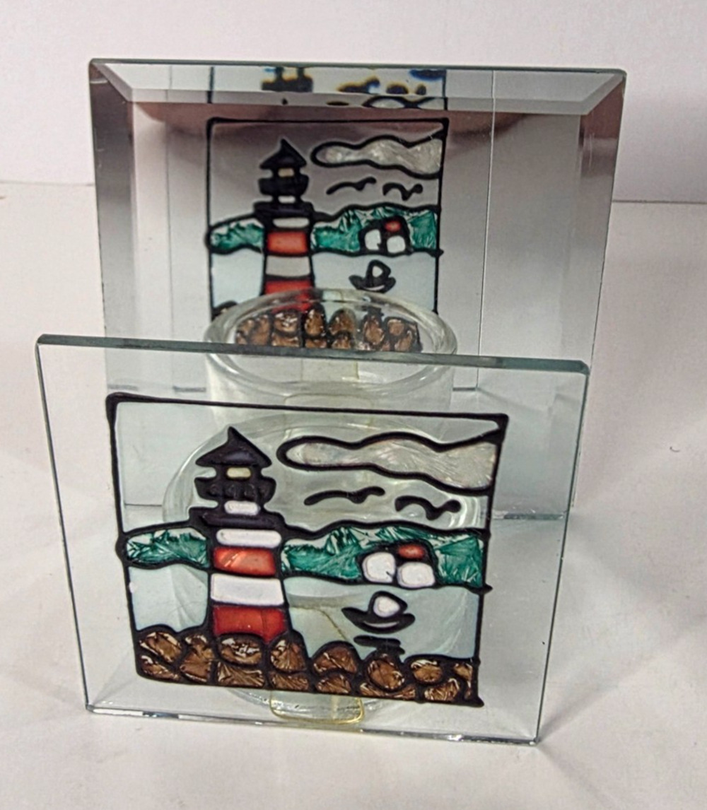 Lighthouse Stained Glass Votive Tea Light Candle Holder Mirror Nautical Decor